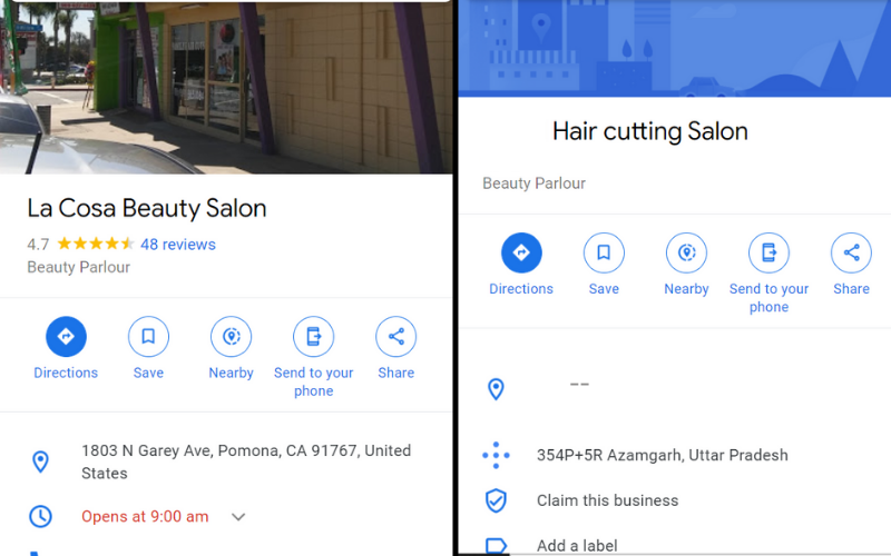 Two google search results of a beauty parlours.